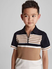Reiss Camel/Navy Captain Half Zip Colourblock Polo T-Shirt - Image 1 of 6