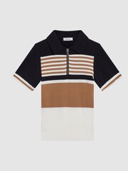 Reiss Camel/Navy Captain Half Zip Colourblock Polo T-Shirt - Image 2 of 6