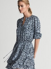 Reiss Blue Leanna Floral Print Flippy Dress - Image 1 of 7