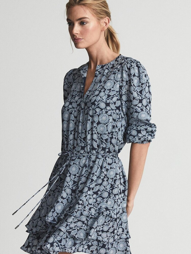 Reiss Blue Leanna Floral Print Flippy Dress - Image 1 of 7