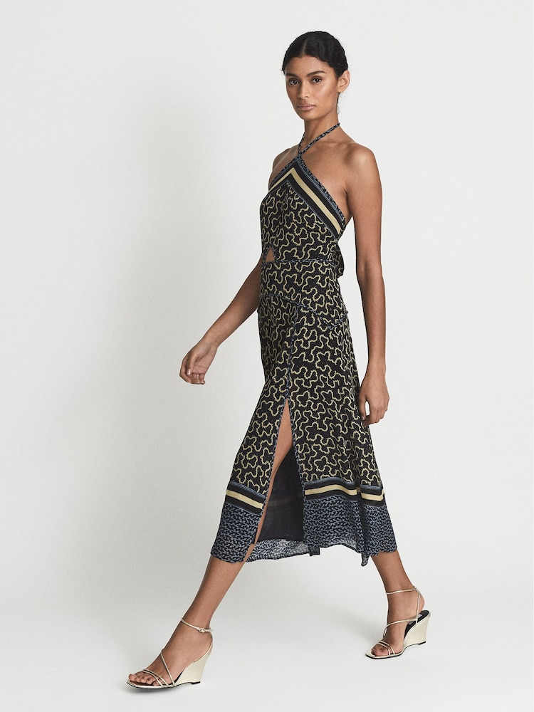 Reiss Navy/Yellow Alexandria Petite Printed Cut-Out Midi Dress - Image 1 of 7