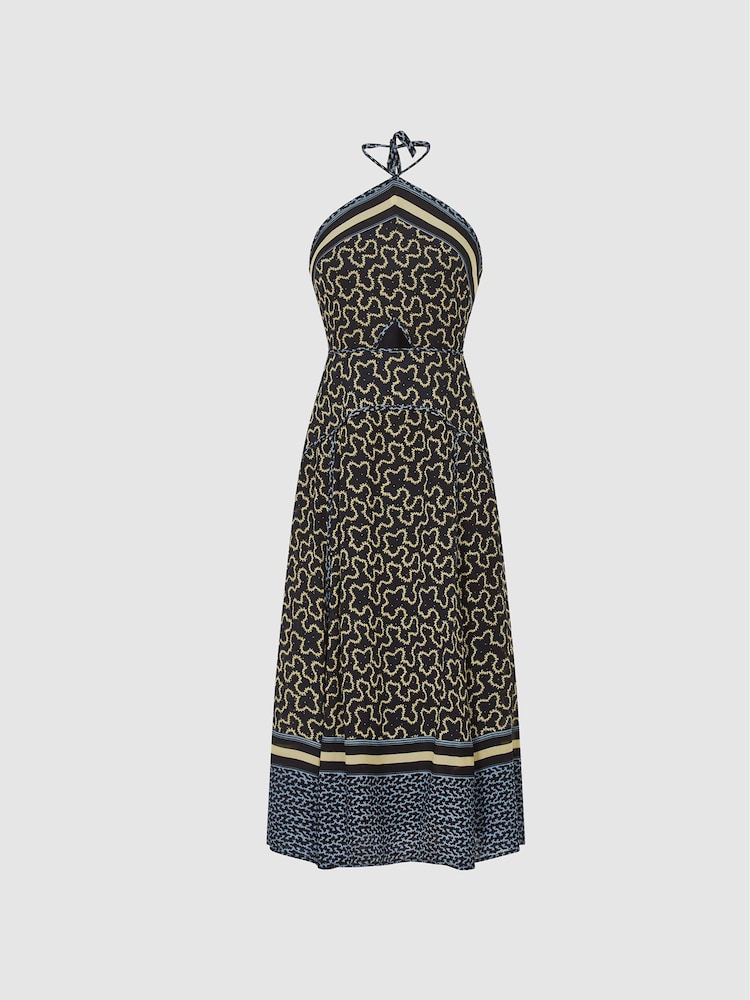 Reiss Navy/Yellow Alexandria Petite Printed Cut-Out Midi Dress - Image 2 of 7