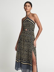 Reiss Navy/Yellow Alexandria Petite Printed Cut-Out Midi Dress - Image 3 of 7