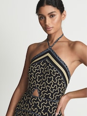 Reiss Navy/Yellow Alexandria Petite Printed Cut-Out Midi Dress - Image 6 of 7