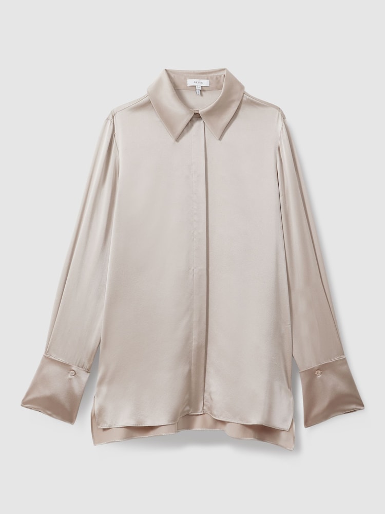 Reiss Champagne Hailey Silk Double-Cuff Button-Through Shirt - Image 2 of 7