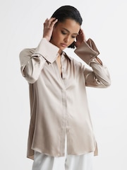 Reiss Champagne Hailey Silk Double-Cuff Button-Through Shirt - Image 6 of 7