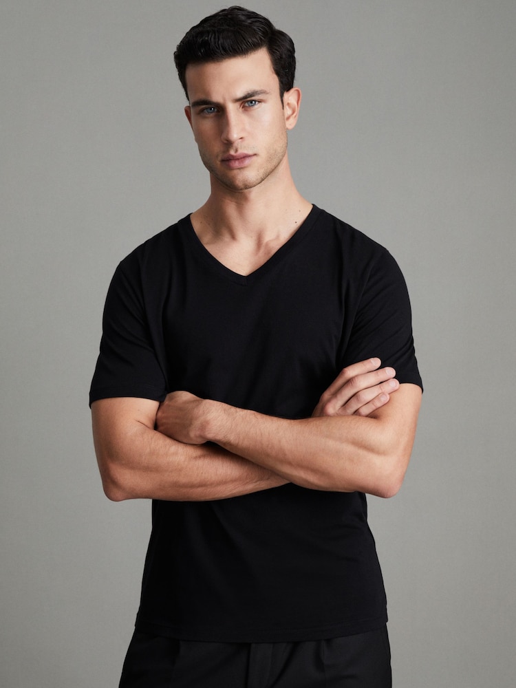 Reiss Black Dayton Cotton V-Neck T-Shirt - Image 1 of 8