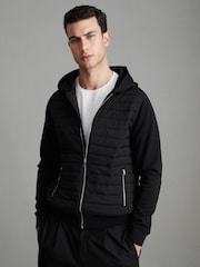 Reiss Black Taylor Hybrid Quilt and Knit Zip-Through Hooded Jacket - Image 1 of 7