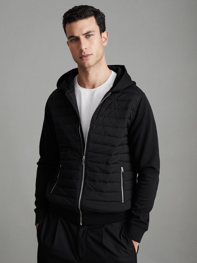 Reiss Black Taylor Hybrid Quilt and Knit Zip-Through Hooded Jacket - Image 1 of 7
