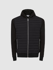 Reiss Black Taylor Hybrid Quilt and Knit Zip-Through Hooded Jacket - Image 2 of 7