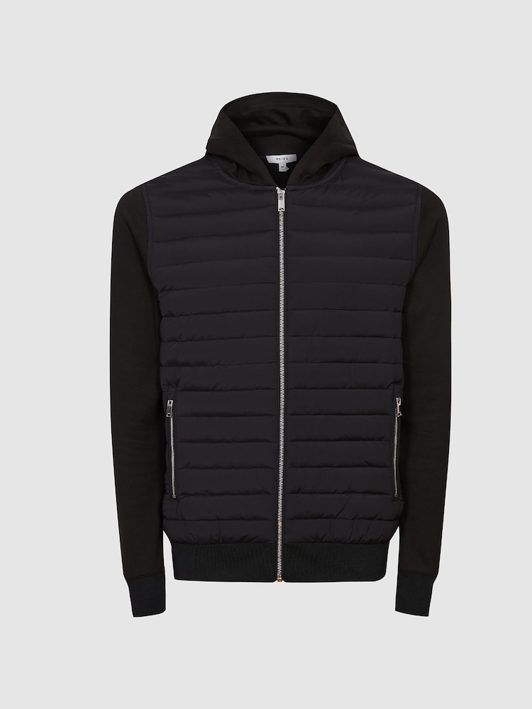 Reiss Black Taylor Hybrid Quilt and Knit Zip-Through Hooded Jacket - Image 2 of 7