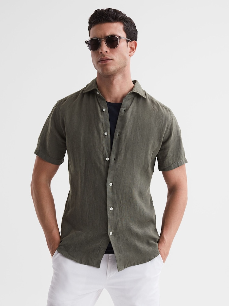 Reiss Olive Holiday Slim Fit 100% Linen Shirt - Image 1 of 6
