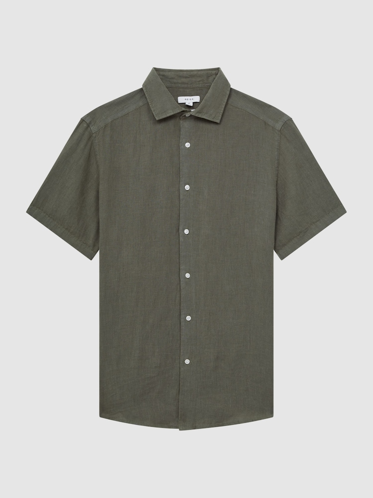 Reiss Olive Holiday Slim Fit 100% Linen Shirt - Image 2 of 6