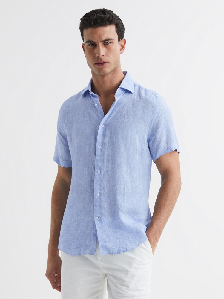 Reiss Soft Blue Holiday Slim Fit Linen Button-Through Shirt - Image 1 of 6