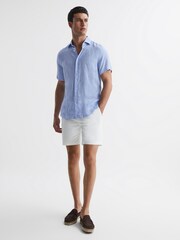 Reiss Soft Blue Holiday Slim Fit Linen Button-Through Shirt - Image 3 of 6