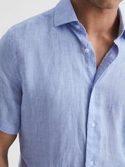 Reiss Soft Blue Holiday Slim Fit Linen Button-Through Shirt - Image 4 of 6