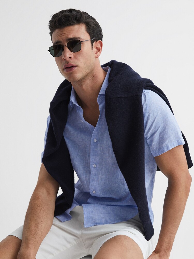 Reiss Soft Blue Holiday Slim Fit Linen Button-Through Shirt - Image 6 of 6
