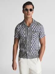 Reiss Blue/White Lavern Geo Print Cuban Collar Shirt - Image 1 of 6