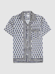 Reiss Blue/White Lavern Geo Print Cuban Collar Shirt - Image 2 of 6