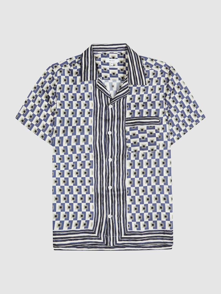 Reiss Blue/White Lavern Geo Print Cuban Collar Shirt - Image 2 of 6