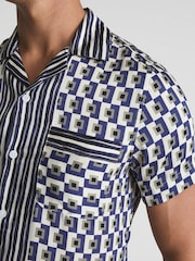 Reiss Blue/White Lavern Geo Print Cuban Collar Shirt - Image 4 of 6