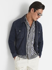 Reiss Blue/White Lavern Geo Print Cuban Collar Shirt - Image 6 of 6