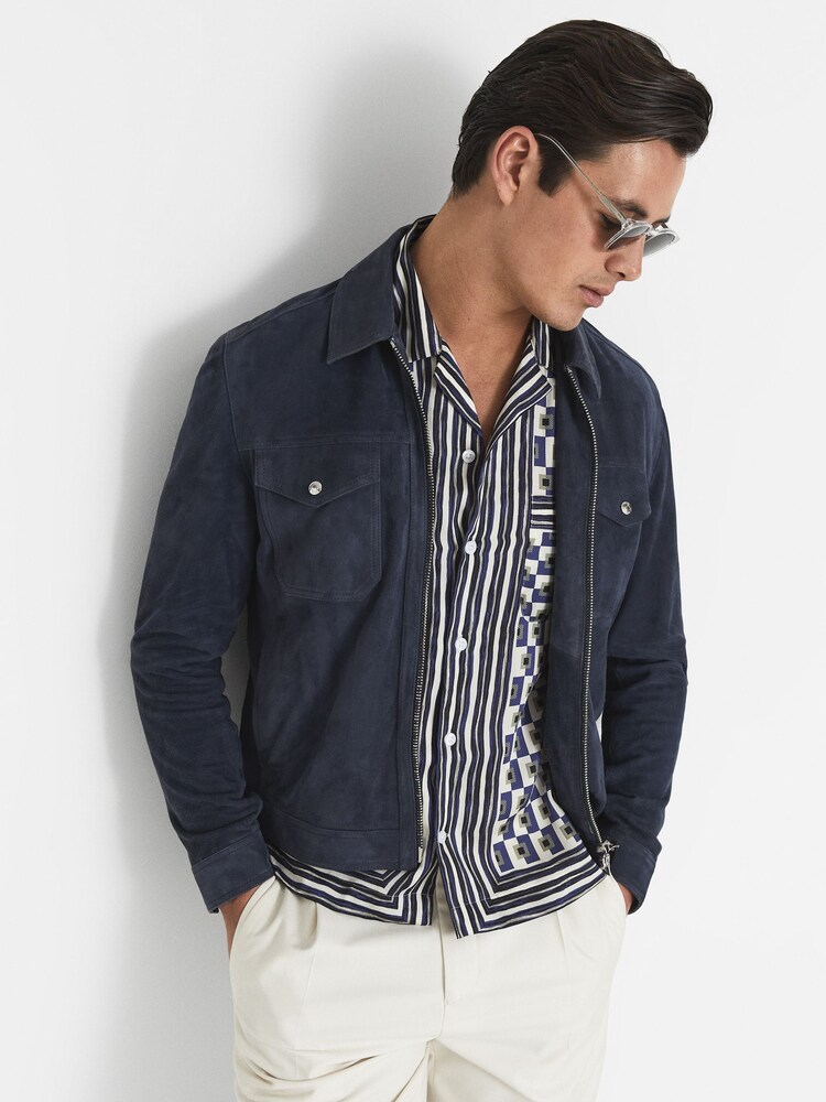 Reiss Blue/White Lavern Geo Print Cuban Collar Shirt - Image 6 of 6