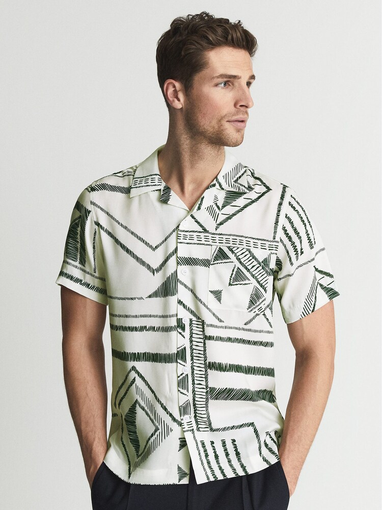 Reiss Ivory Mackrae Cuban Collar Tribal Print Shirt - Image 1 of 6