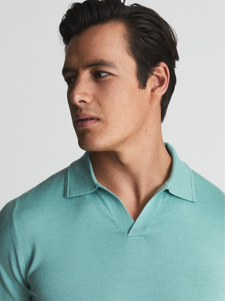 Menta brillante - Polo Duchie de cuello abierto de lana merina de Reiss - Imagen 1 de 5