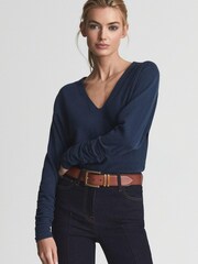 Reiss Navy Jolie V-Neck Cashmere Blend Jumper - Image 1 of 6