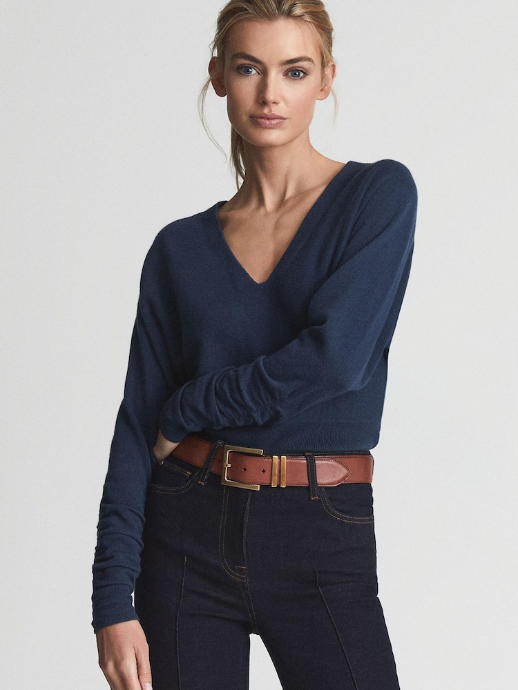 Reiss Navy Jolie V-Neck Cashmere Blend Jumper - Image 1 of 6