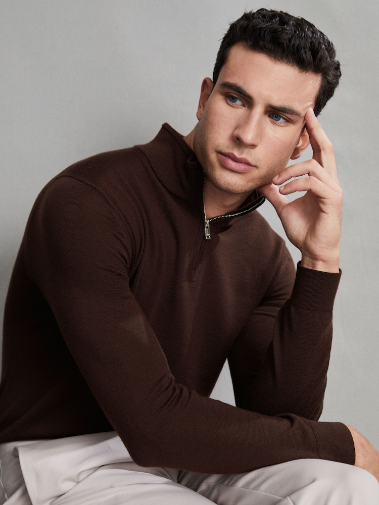 Reiss Bordeaux Blackhall Merino Wool Half-Zip Funnel Neck Jumper - Image 7 of 7