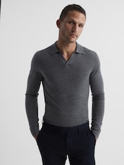 Reiss Mid Grey Melange Milburn Merino Wool Open Collar Polo Shirt - Image 1 of 7