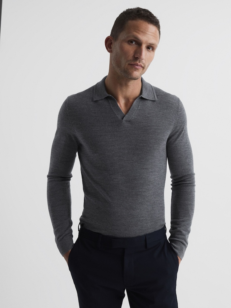 Reiss Mid Grey Melange Milburn Merino Wool Open Collar Polo Shirt - Image 1 of 7