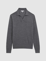 Reiss Mid Grey Melange Milburn Merino Wool Open Collar Polo Shirt - Image 2 of 7