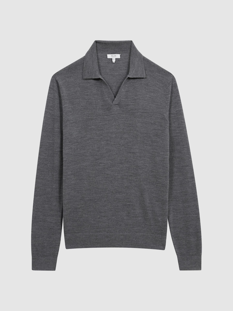 Reiss Mid Grey Melange Milburn Merino Wool Open Collar Polo Shirt - Image 2 of 7