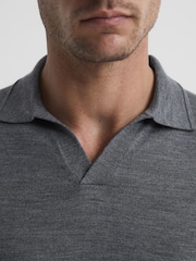 Reiss Mid Grey Melange Milburn Merino Wool Open Collar Polo Shirt - Image 4 of 7
