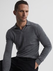 Reiss Mid Grey Melange Milburn Merino Wool Open Collar Polo Shirt - Image 6 of 7