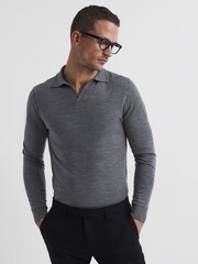Reiss Mid Grey Melange Milburn Merino Wool Open Collar Polo Shirt - Image 7 of 7