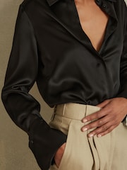 Reiss Black Hailey Silk Double-Cuff Button-Through Shirt - Image 3 of 6