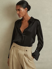 Reiss Black Hailey Silk Double-Cuff Button-Through Shirt - Image 4 of 6