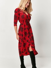 M&Co Red Petite Floral Midi Dress - Image 1 of 4