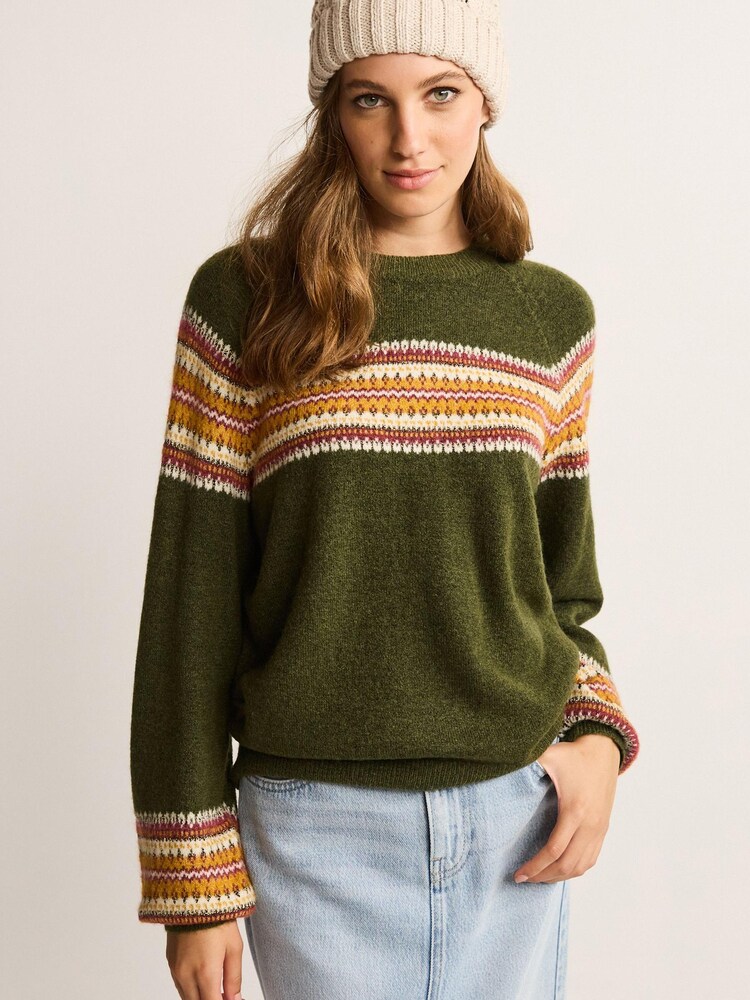 Khaki Green Fairisle Pattern Button Back Jumper - Image 1 of 6