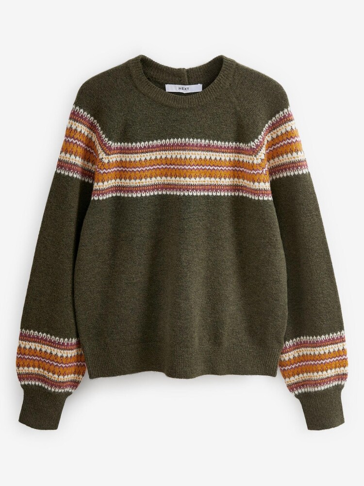 Khaki Green Fairisle Pattern Button Back Jumper - Image 6 of 6