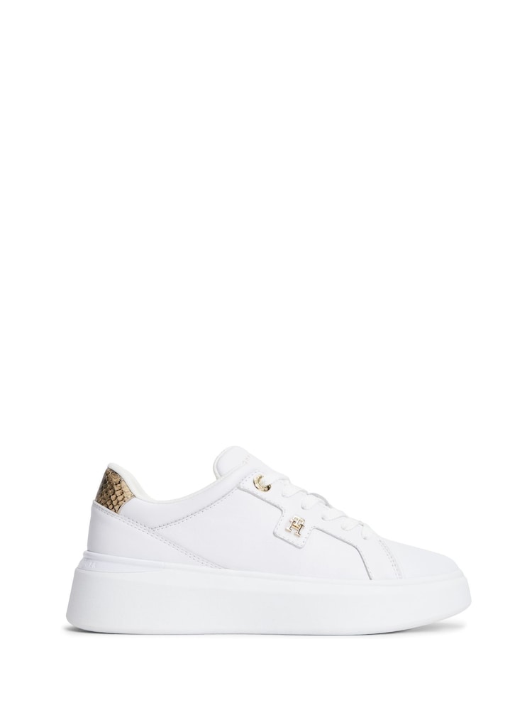 Tommy Hilfiger White Snake Print Heel Leather Platform Trainers - Image 1 of 6 Tommy Hilfiger White Snake Print Heel Leather Platform Trainers - Image 1 of 6