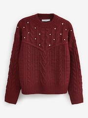 Beerenrot - Zopfstrickpullover mit Schmucksteinverzierung - Bild 5 von 6