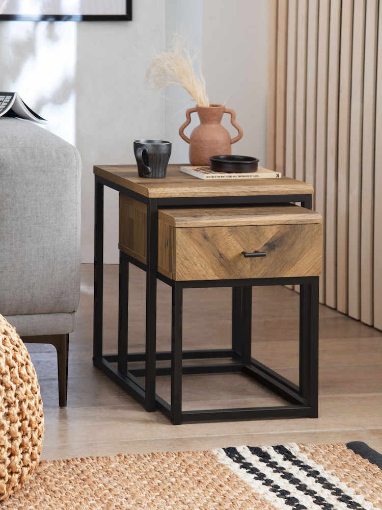 Dark Bronx Chevron Storage Set of 2 Oak Effect Nest of Tables - Image 1 of 10