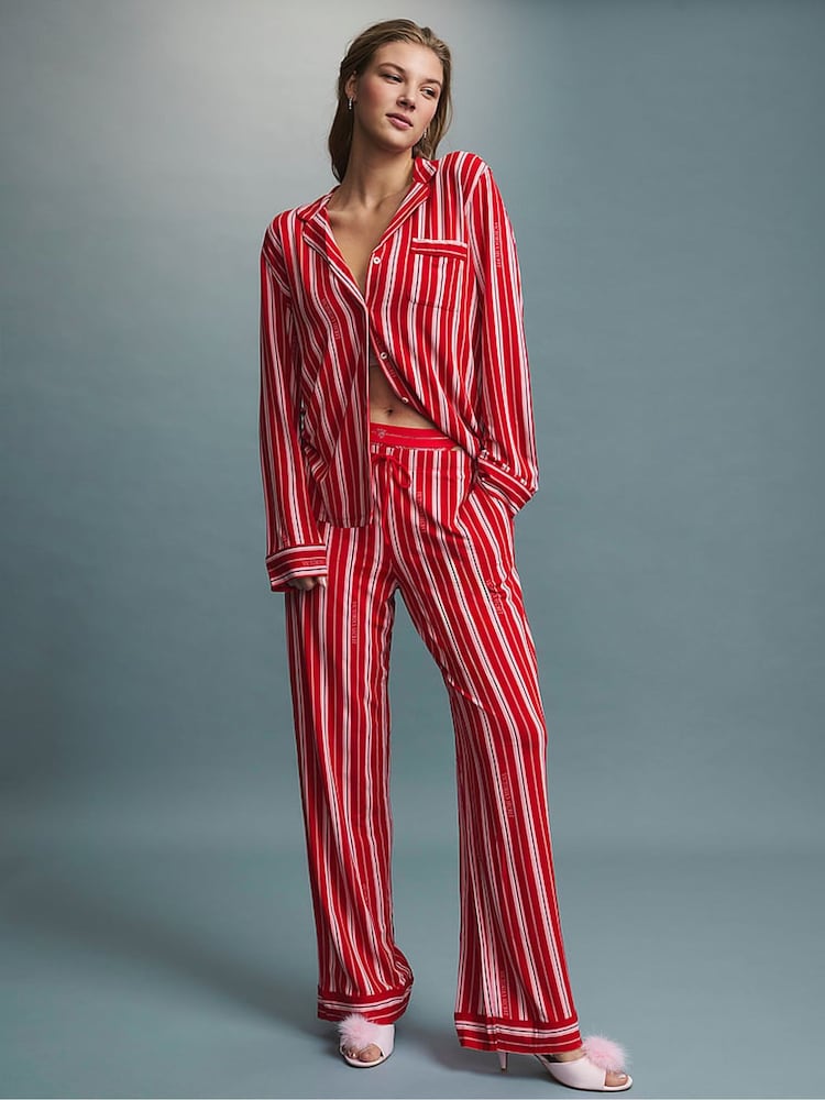 Victoria's Secret Red & Pink Christmas Candy Cane Stripe Modal Long Pyjamas Set - Image 1 of 4