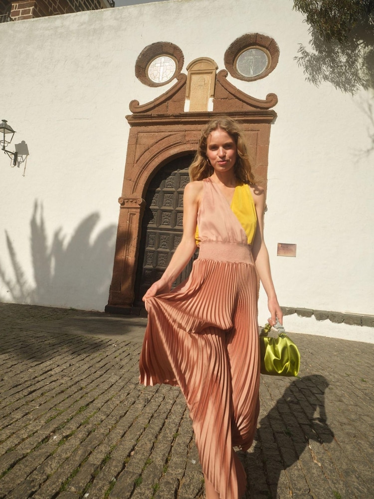 Pink/Yellow Satin Wrap Front Pleated Midi Dress - Image 1 of 4