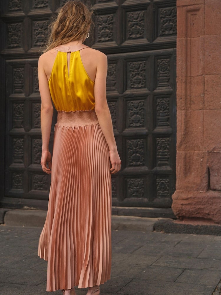 Pink/Yellow Satin Wrap Front Pleated Midi Dress - Image 2 of 4 Pink/Yellow Satin Wrap Front Pleated Midi Dress - Image 2 of 4